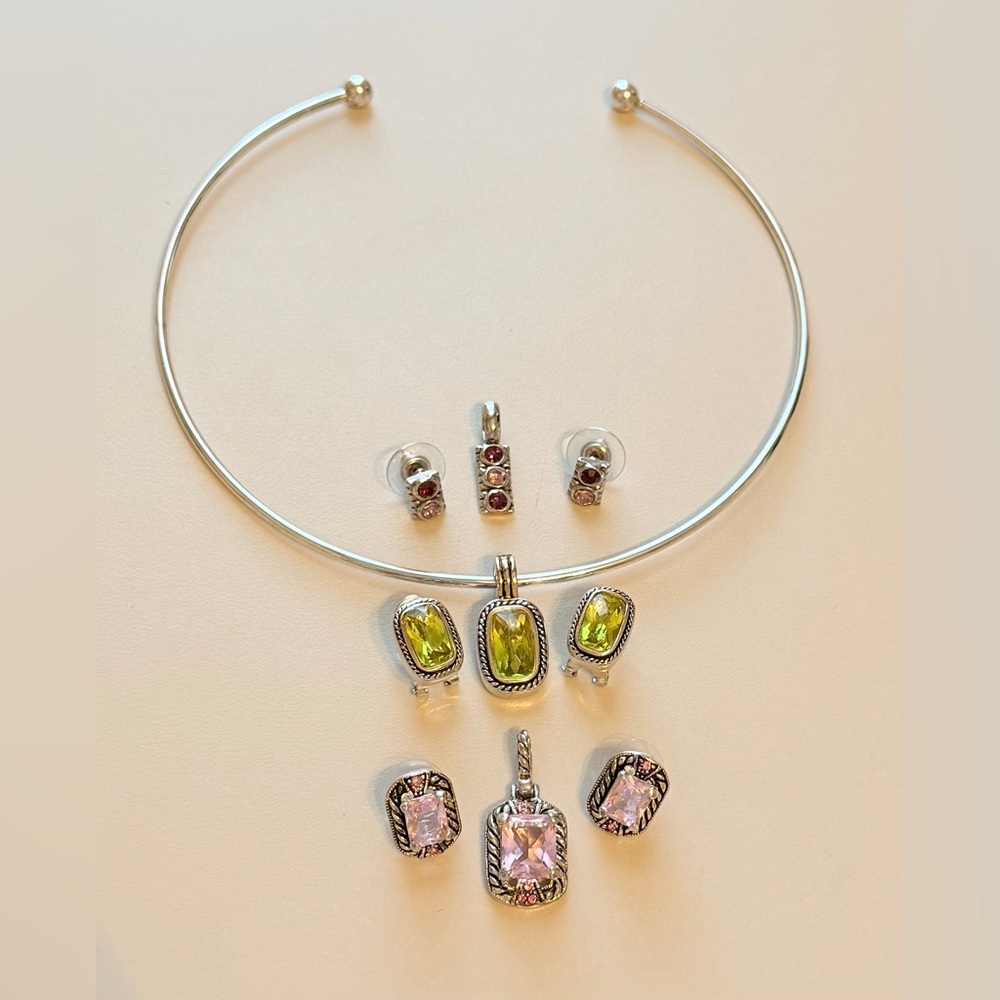 Silver Tone Choker Necklace w/ 3 Pendant & Earrings Sets